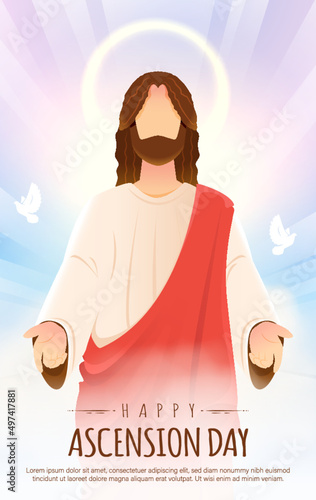 Happy Ascension Day Design with Jesus Christ in Heaven Vector Illustration.  Illustration of resurrection Jesus Christ. Sacrifice of Messiah for humanity redemption. 