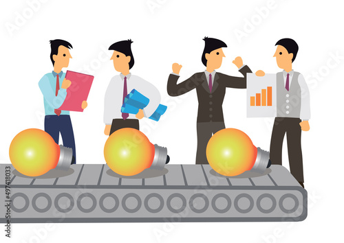 Conveyor belt machine of ideas light bulb with businessmen.