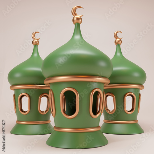 Islamic decoration background with green lantern cartoon style using 3D rendering illustration