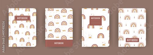 Cover page notebook collection. Templates with cute boho rainbows. Perfect for diary, books, magazines, journals, catalogs, planners and flyers. Vector layouts.