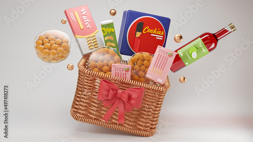 Beautiful floating food hamper gift basket for giving with red ribbon using 3D rendering illustration, isolated in white background photo