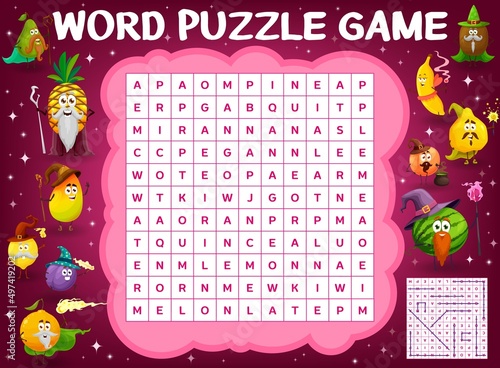 Cartoon fruits wizards and sorcerer characters, word search puzzle game quiz grid worksheet. Vector kids crossword with pineapple, mango, lemon, plum, orange and banana with kiwi, quince or watermelon