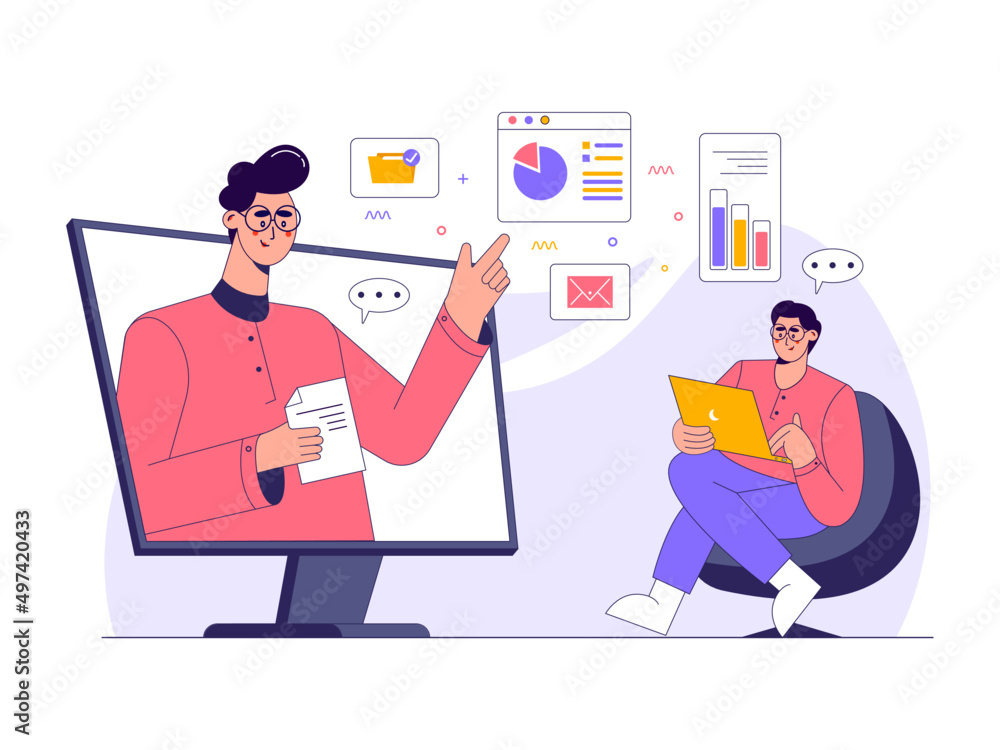 Flat illustration concept of online meeting with client or team member Flat illustration concept of online meeting with client or team member