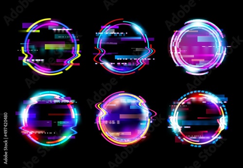 Print op canvas Abstract neon glow circle glitch vector frames