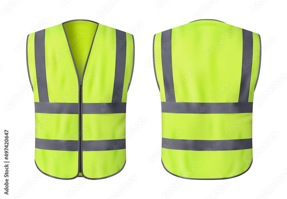 Safety vest jacket, isolated security, traffic and worker uniform wear. Vector fluorescent green waistcoat realistic 3d mockup with reflective stripes and zip, personal protective clothing - obrazy, fototapety, plakaty 