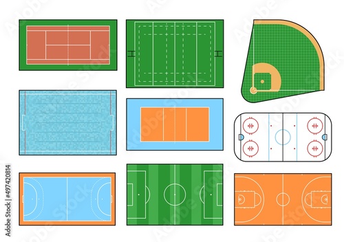 Sport ground  vector field and court of basketball  volleyball  soccer and ice hockey  tennis  rugby and baseball  handball and water polo sport games. Isolated green play field  rink  swimming pool