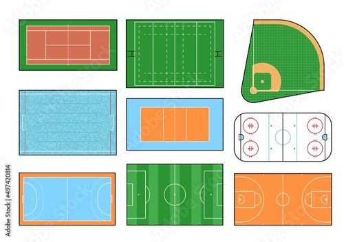 Sport ground, vector field and court of basketball, volleyball, soccer and ice hockey, tennis, rugby and baseball, handball and water polo sport games. Isolated green play field, rink, swimming pool
