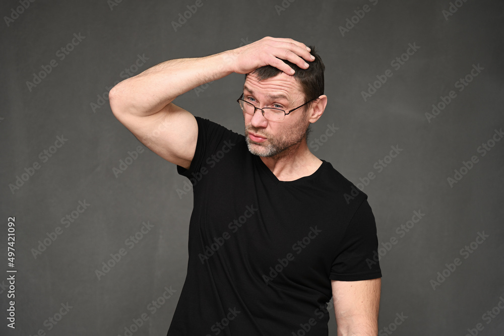 man portrait shock on gray background man portrait shock on gray background