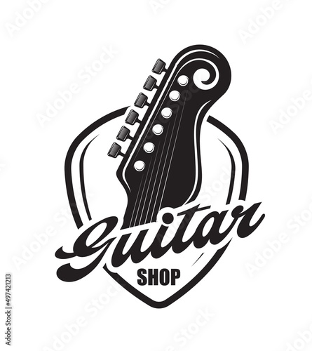 Acoustic guitar neck music instruments shop icon. Isolated vector silhouette of pick with guitar headstock, tuning pegs or keys and strings, monochrome symbol of musical equipment