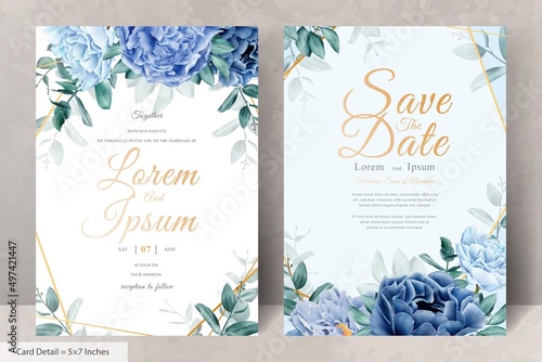 Elegant wedding Stationery with Navy Blue Flower and Leaves