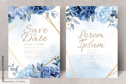 Elegant wedding Stationery with Navy Blue Flower and Leaves