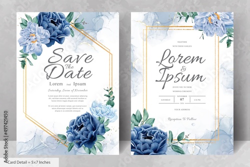 Elegant wedding Stationery with Navy Blue Flower and Leaves