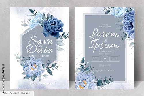 Elegant wedding Stationery with Navy Blue Flower and Leaves