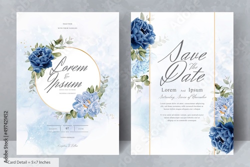 Elegant wedding Stationery with Navy Blue Flower and Leaves