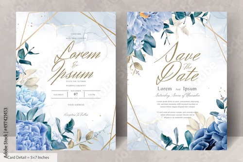 Elegant wedding Stationery with Navy Blue Flower and Leaves