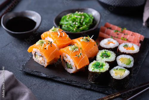 Vegan Sushi, Sashimi and Maki Rolls with Plant based seafood photo