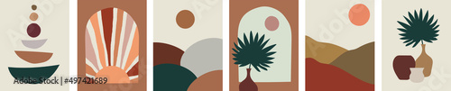 Collection of modern abstractions in boho style: vase with palm leaves and sun, simple landscapes, sunset or sunrise with colored geometric shapes on the background