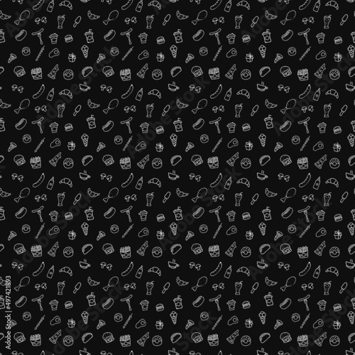 Doodle fast food icons. seamless pattern with food icons. Fast food set icons, fastfood background.  food icons on black background. hand drown vector pattern with fast food icons