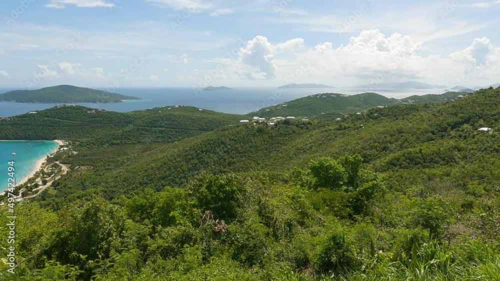 Pan left shot of a landscape of Saint Thomas island and the Magens Bay. Pan left shot of a landscape of Saint Thomas island and the Magens Bay.