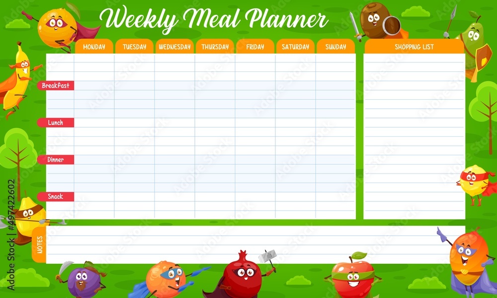 Cartoon fruits superheroes, weekly meal planner schedule, vector ...