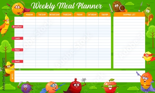 Cartoon fruits superheroes, weekly meal planner schedule, vector organizer check list. Food plan for week or calendar menu for fitness or workout diet and grocery shopping list with fruits superheroes