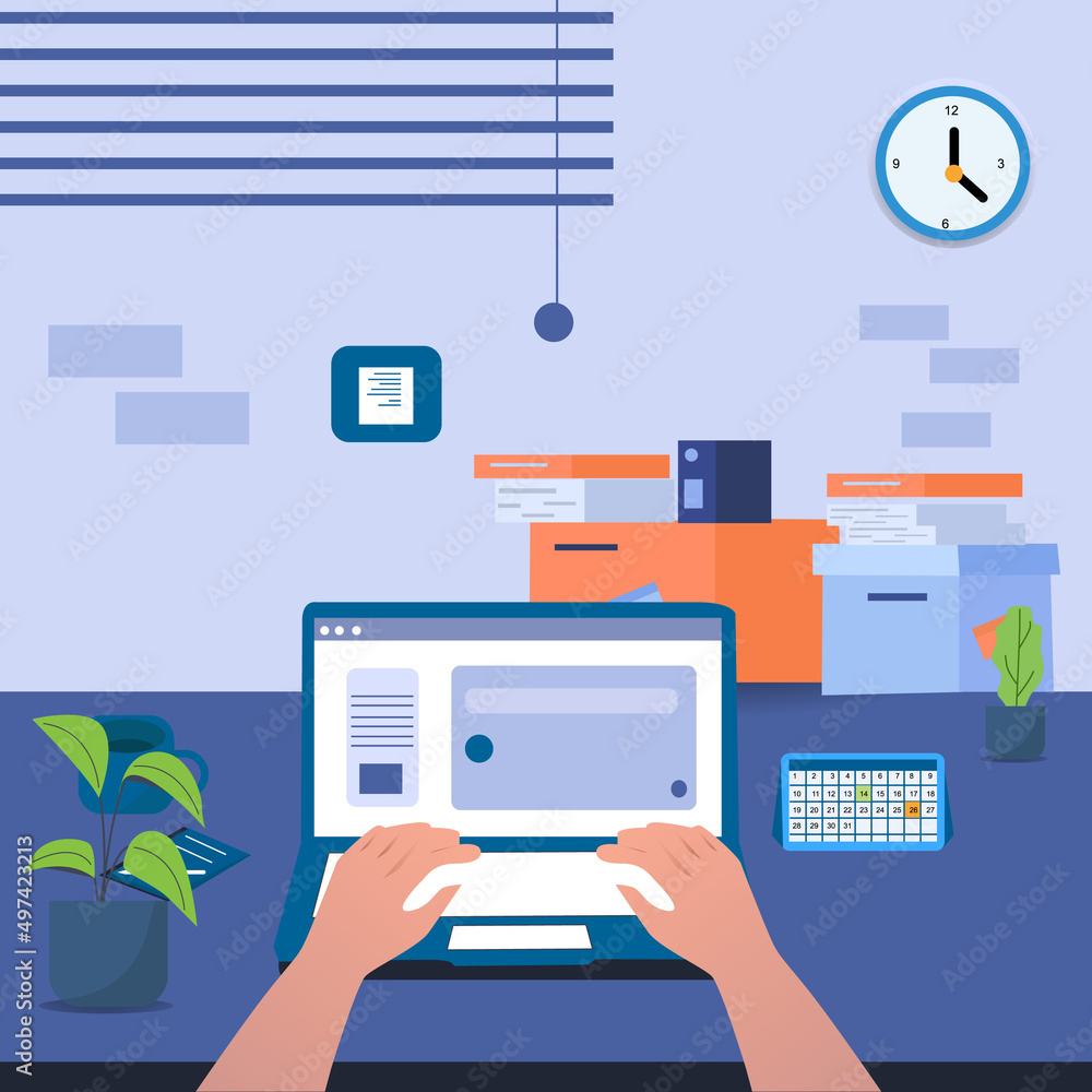 flat illustration of office workspace with laptop and comfortable flowerpot flat illustration of office workspace with laptop and comfortable flowerpot