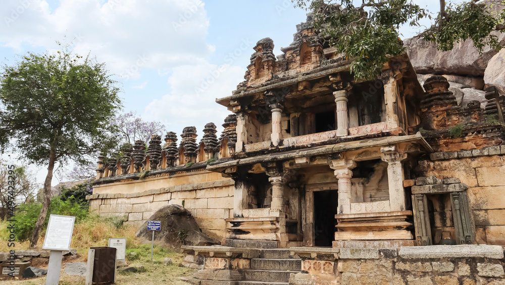 Entrance gate and the exterior of  Sampige Siddeshwara Shiva temple, Chitradurga fort or Elusuttina Kote, Karnataka, India