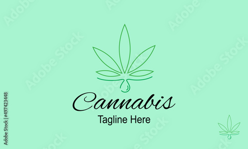 Line Art Cannabis Logo Design Template With Oil Drop.