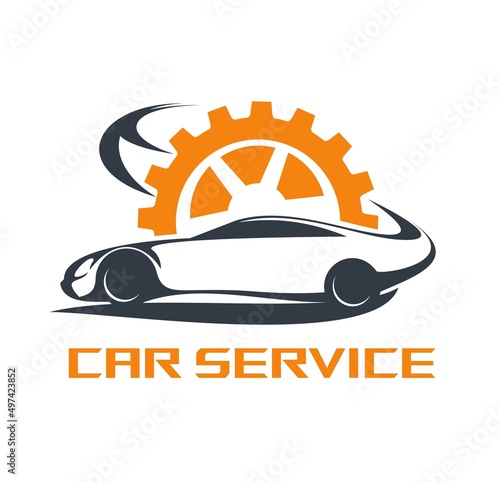 Car service icon vehicle maintenance, auto repair or mechanic garage. Automobile repair shop or automotive workshop isolated vector symbol with black car and orange gear wheel silhouettes
