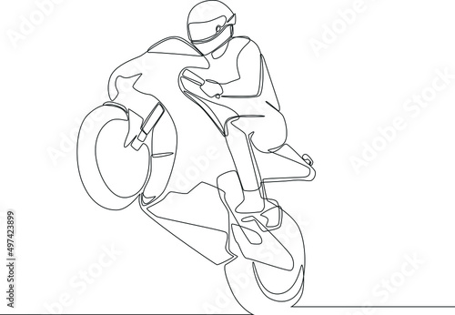Continuous one line drawing sportbike jumping on the track. Single line draw design vector graphic illustration.