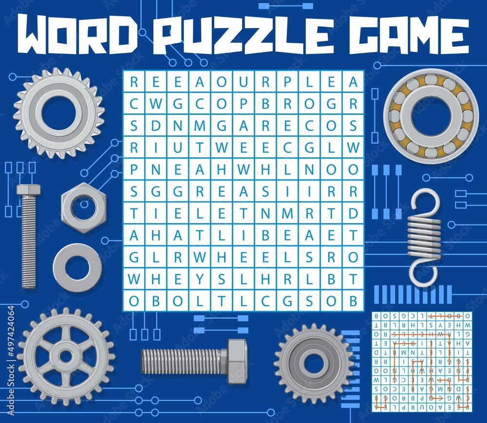 Mechanic spare parts on word search puzzle game worksheet. Kids quiz