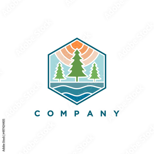 Modern pines and lake logo illustration design