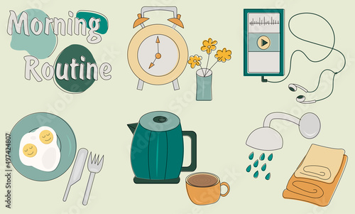 Set of hand-drawn icons illustrated morning routine. Clock, phone, breakfast, coffee, shower.