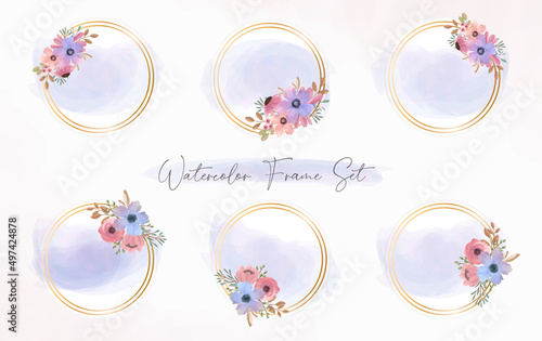 Set of Watercolor purple lilac floral wreath with gold circle background. Circle gold frame for wedding invitation card element.