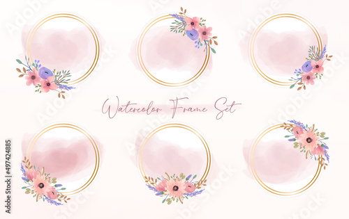 Set of Watercolor pink blossom floral wreath with gold circle background. Circle golden frame