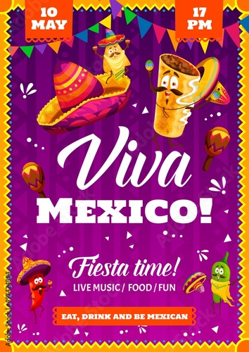 Mexican fiesta party flyer or poster with cartoon mexican jalapeno and chili peppers, chimichanga funny characters. Holiday celebration party with mexican traditional fast food, music and sombrero hat