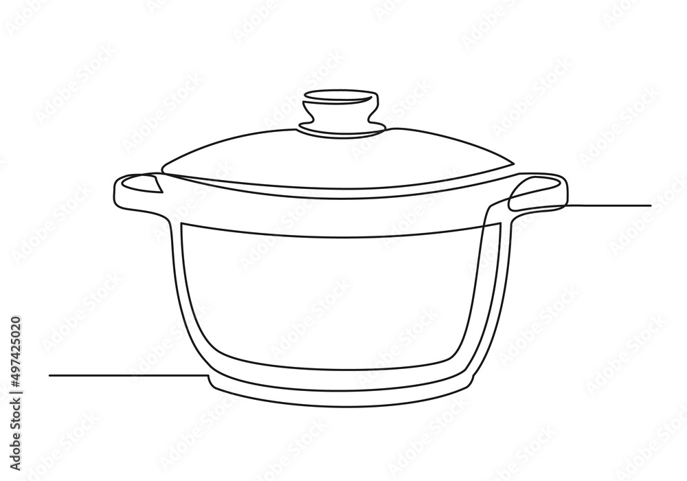 Continuous one line drawing of a kitchen saucepan. Cooking saucepan isolated on a white background. Vector illustration Continuous one line drawing of a kitchen saucepan. Cooking saucepan isolated on a white background. Vector illustration