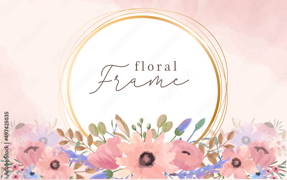 Golden circle watercolor floral frame greeting card background element design