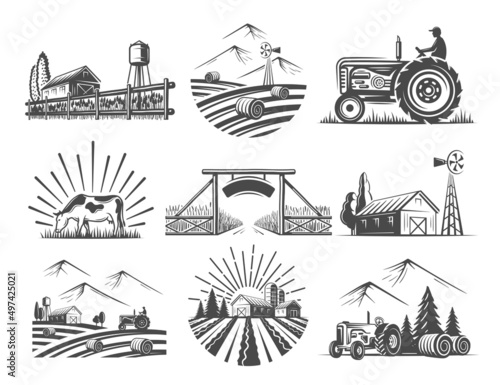 Set of farm market elements isolated on white background. Village and landscape agriculture images. Vector illustration