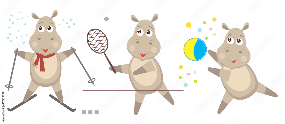 Fototapeta premium Funny animals. Hippopotamus, color image in cartoon style, sticker, design.