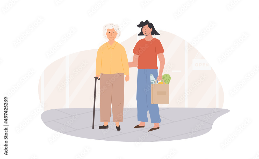 Scene of volunteer with senior person helping to buy groceries. Female caretaker and elderly woman doing shopping together. Social worker helping grandma. Nursing retirement home services. Vector.