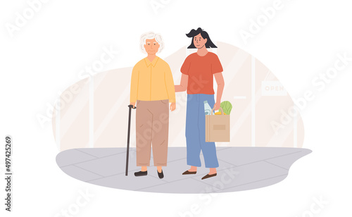Scene of volunteer with senior person helping to buy groceries. Female caretaker and elderly woman doing shopping together. Social worker helping grandma. Nursing retirement home services. Vector.