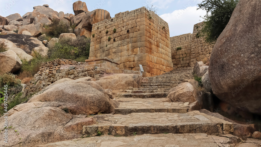Stairway out of Obauvuna Kindi at Fort of Chitradurga, Karnataka, India