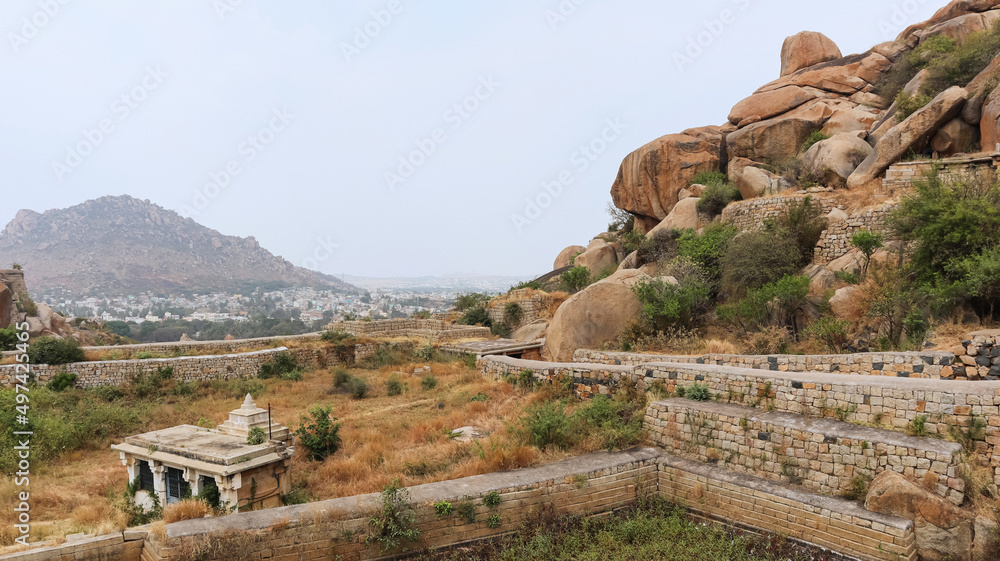 Fort ruins and view of Kashi Vishvanath Temple, Chitradurga fort, Karnataka, India