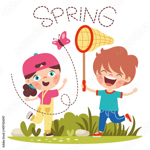 Spring Season With Cartoon Children