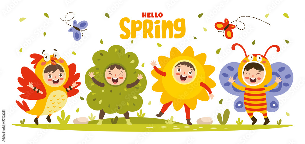 Spring Season With Cartoon Children Spring Season With Cartoon Children