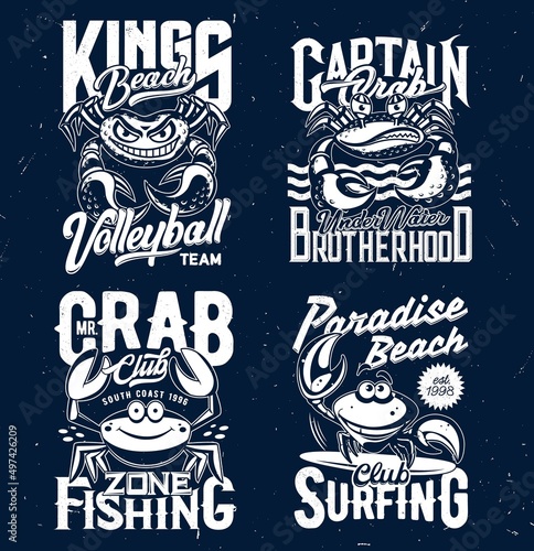 Tshirt prints with crabs, vector mascots for apparel design. Isolated labels with funny crab characters and typography for volleyball sports team, surfing or fishing club t shirt prints or emblems set