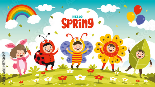 Spring Season With Cartoon Children