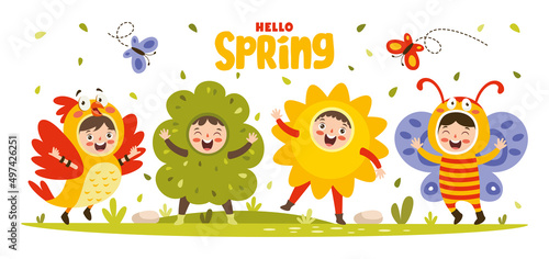 Spring Season With Cartoon Children