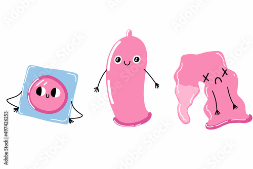 Condom character. Cartoon packed and used condom. Safe sex, contraception. Cute emoji preservative. Vector illustration set on a white background.